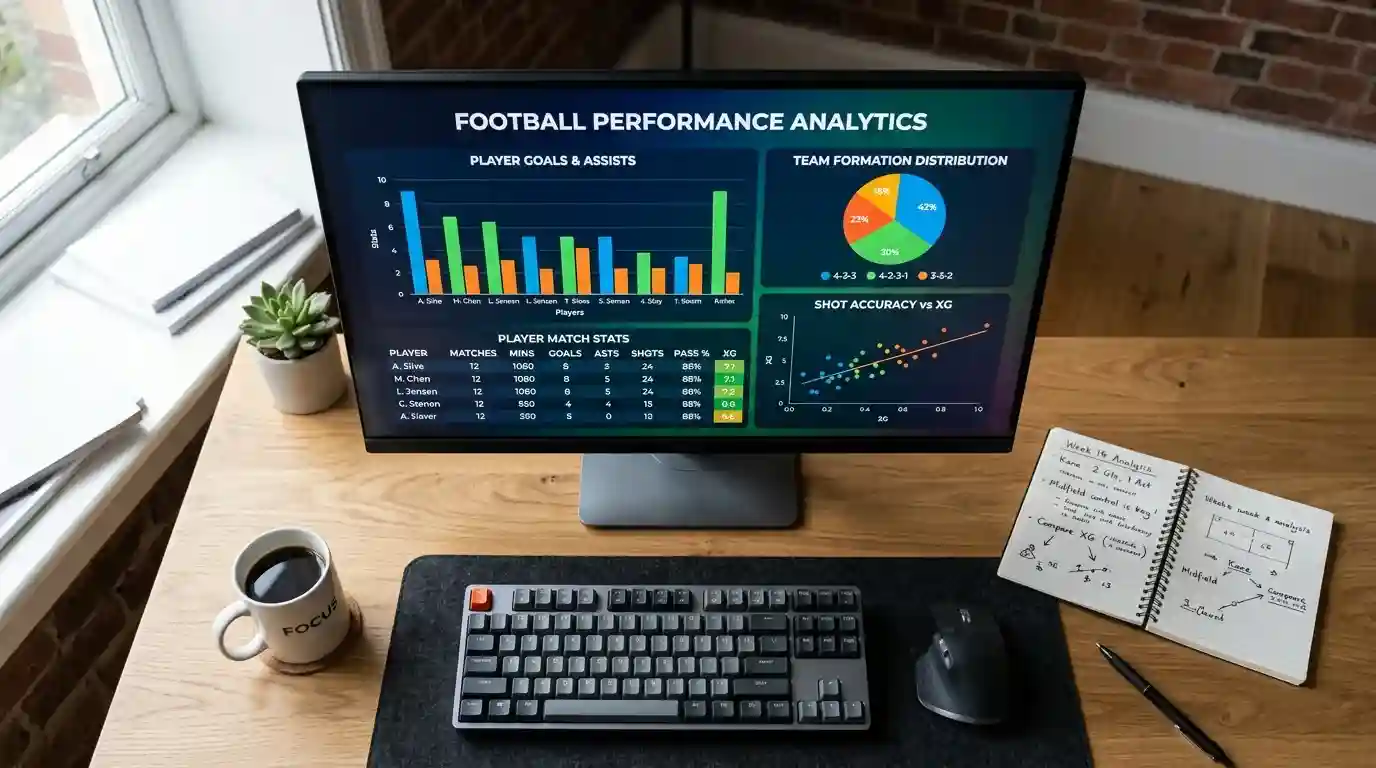 Computerskærm med fodboldstatistik og xG-data i et regneark