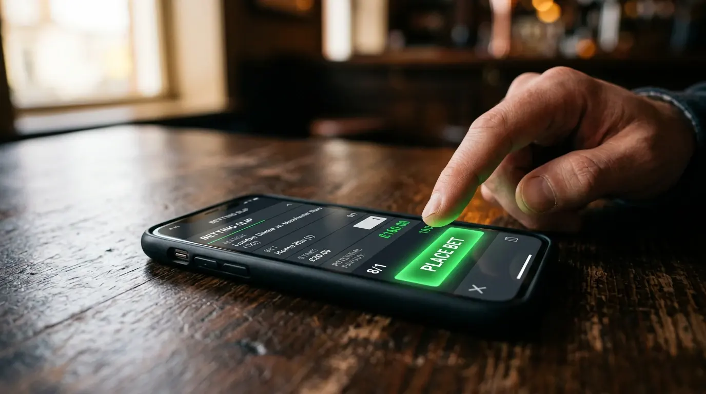 Finger over en cash out-knap på en mobilskærm med et aktivt væddemål
