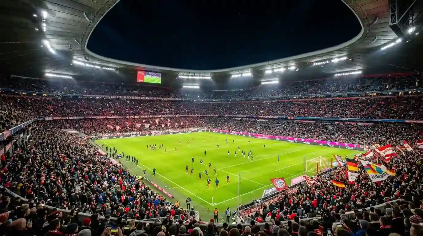 Champions League-fodboldkamp på europaeisk stadion med flombelysning om aftenen