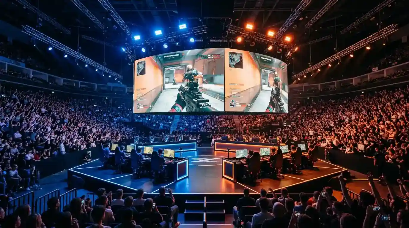 E-sport-arena med store skærme og holdlogoer under en CS2-turnering