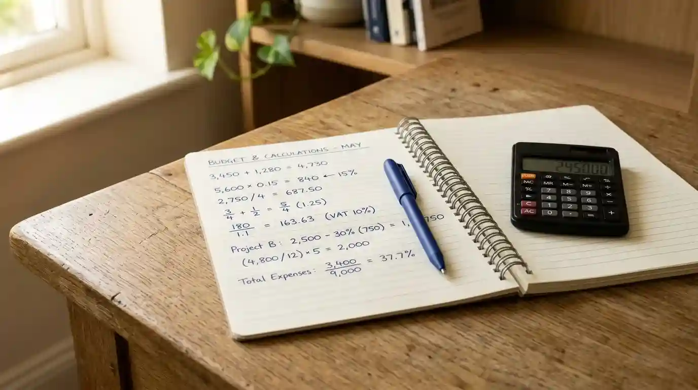 Notesblok med odds-beregninger og en lommeregner på et skrivebord