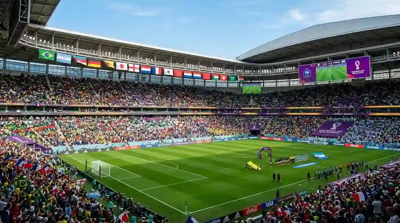 Internationalt fodboldstadion med nationalflag og publikum klar til VM- eller EM-kamp
